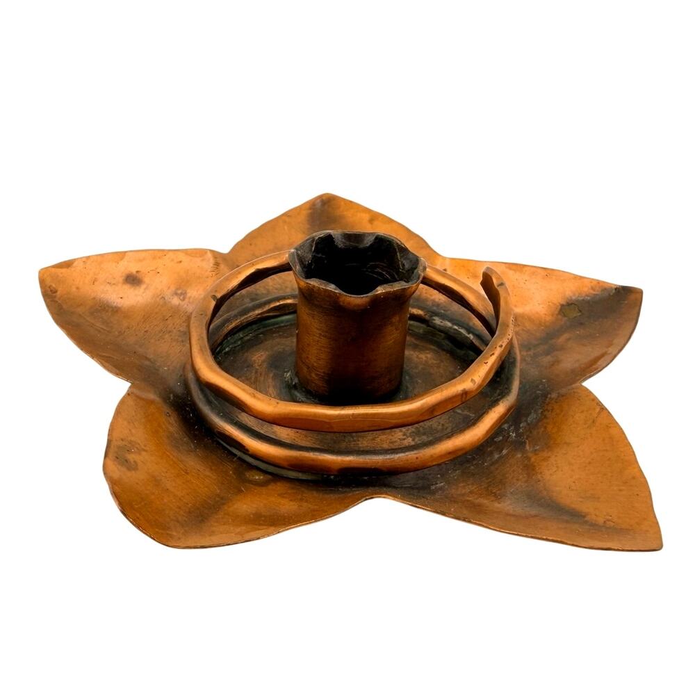 Chippewa Copper Handmade Hammered Rustic Star Flower Candlestick Holder Vintage